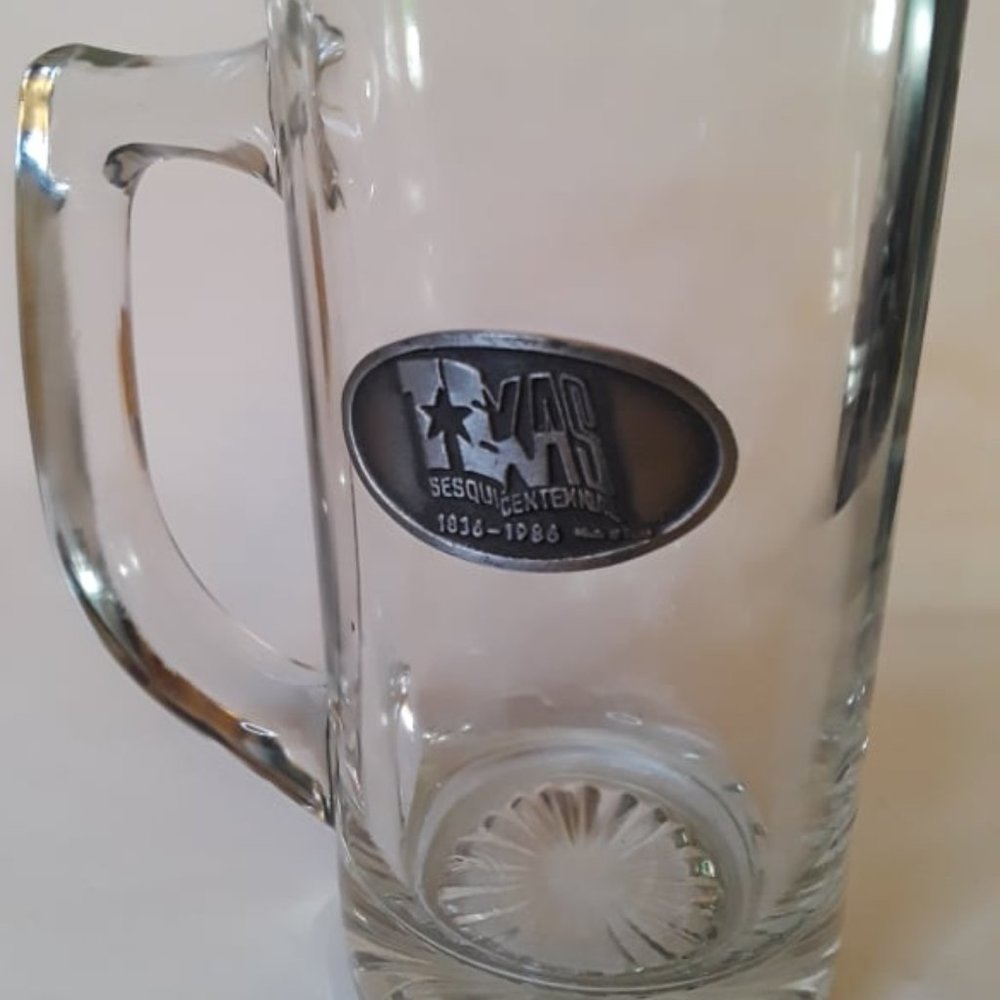 TEXAS SESQUICENTENNIAL MUG WITH PEWTER STAMPED LOGO - HOLDS 12 OUNCES 1836-1986